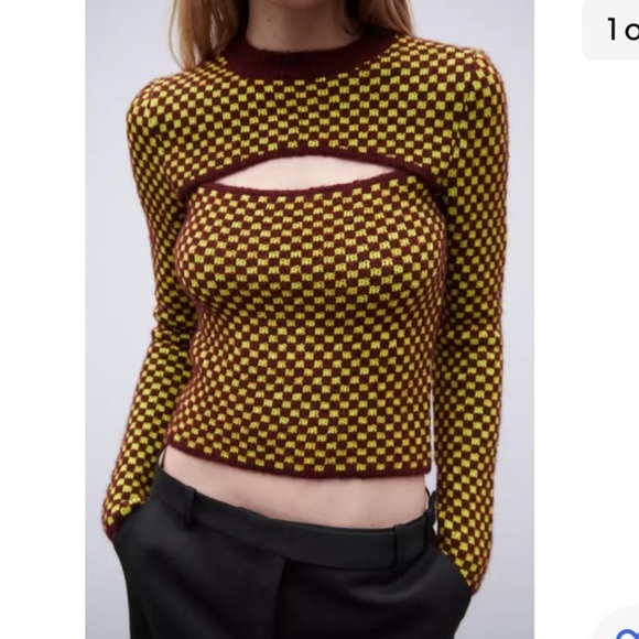Zara Burgundy Checkered Cut-Out Knit Sweater - Picture 1 of 14